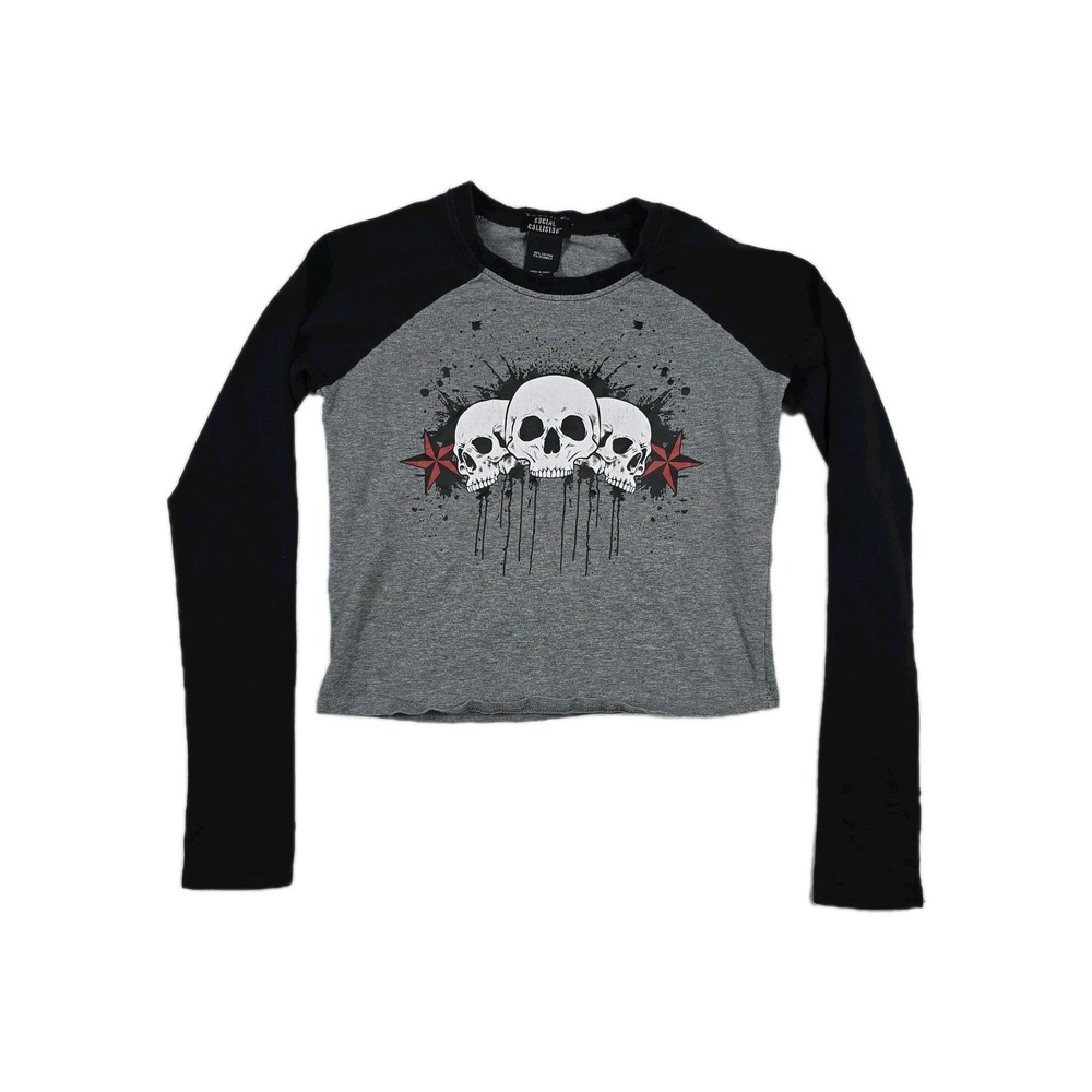 Social Collision Womens Gray Black Skull Raglan Graphic Cropped Tee Medium MD